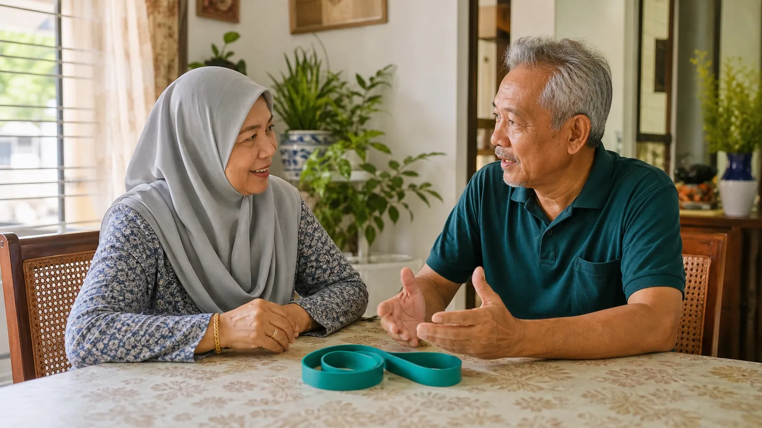 Pasangan Melayu Malaysia berbincang tentang soalan praktikal fisioterapi rumah