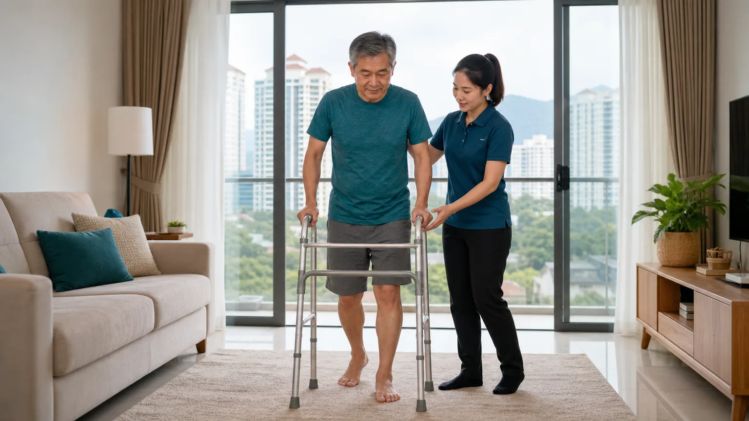 Chinese Malaysian patient practising safe walking with a physiotherapist at home