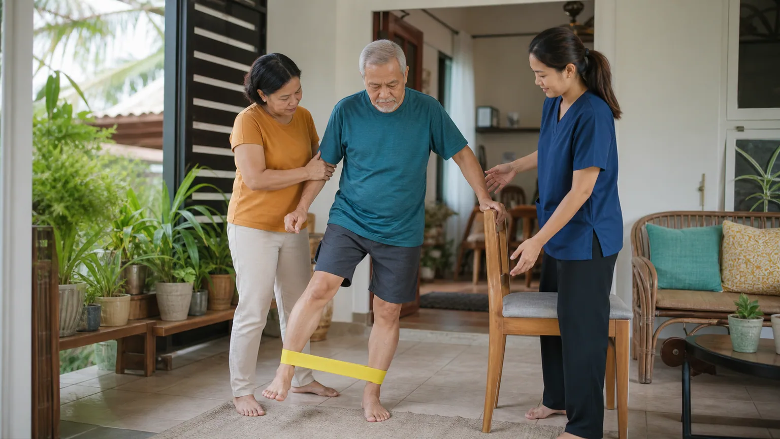 Home physiotherapy supporting balance, strength, and family involvement