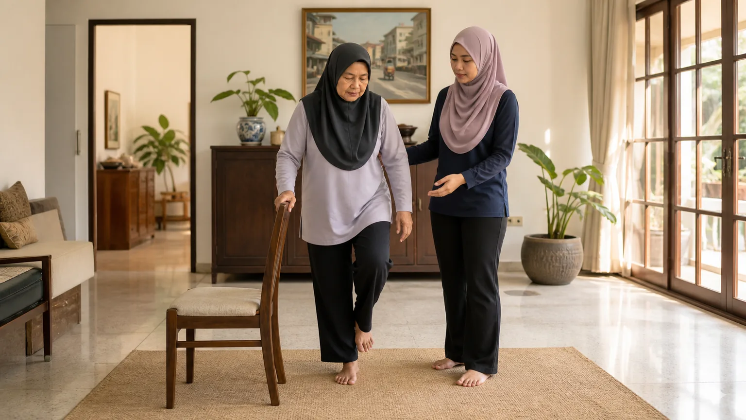Warga emas Melayu Malaysia berlatih keseimbangan dengan sokongan di rumah