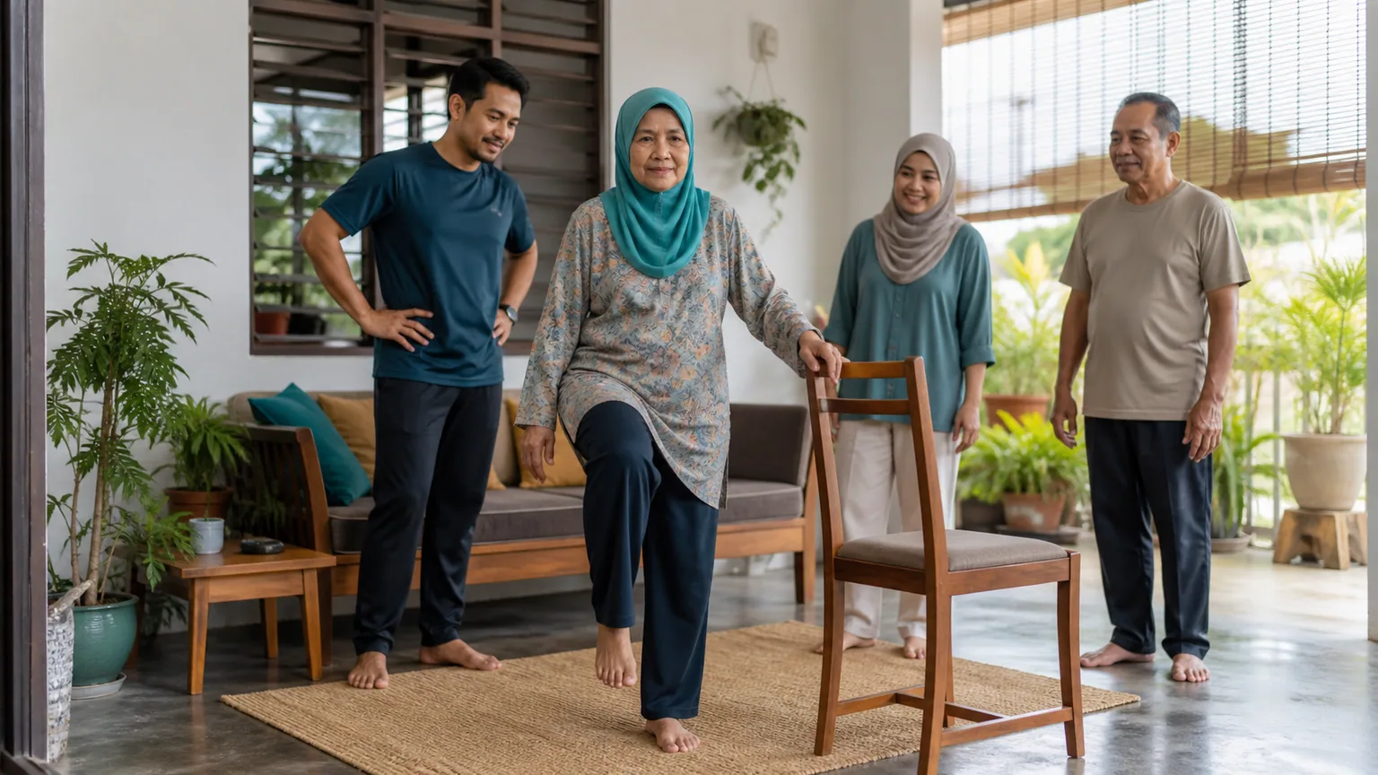 Warga emas Melayu Malaysia berlatih pergerakan harian yang selamat dengan sokongan keluarga