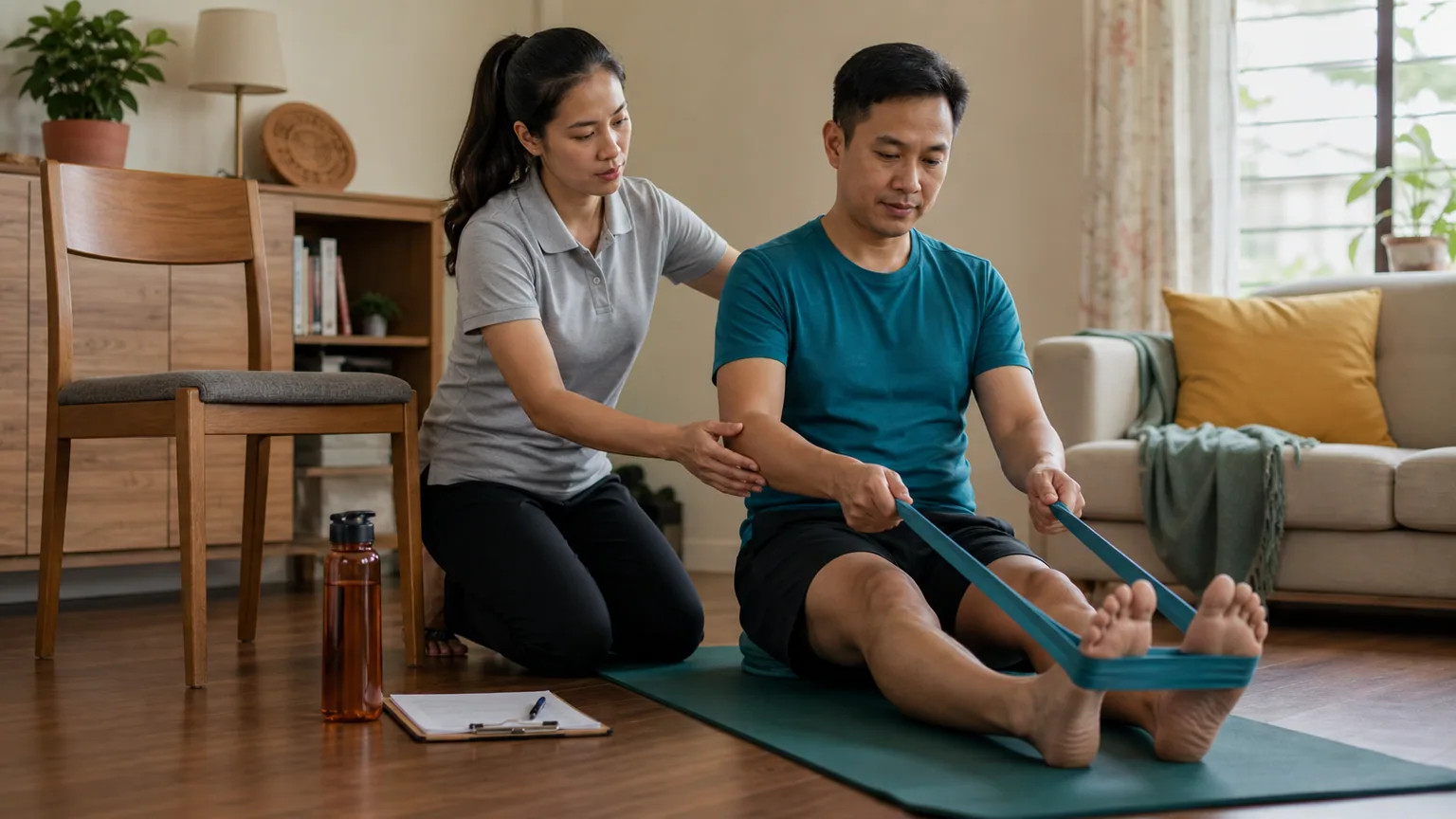 Practical therapeutic exercise during a home physiotherapy session