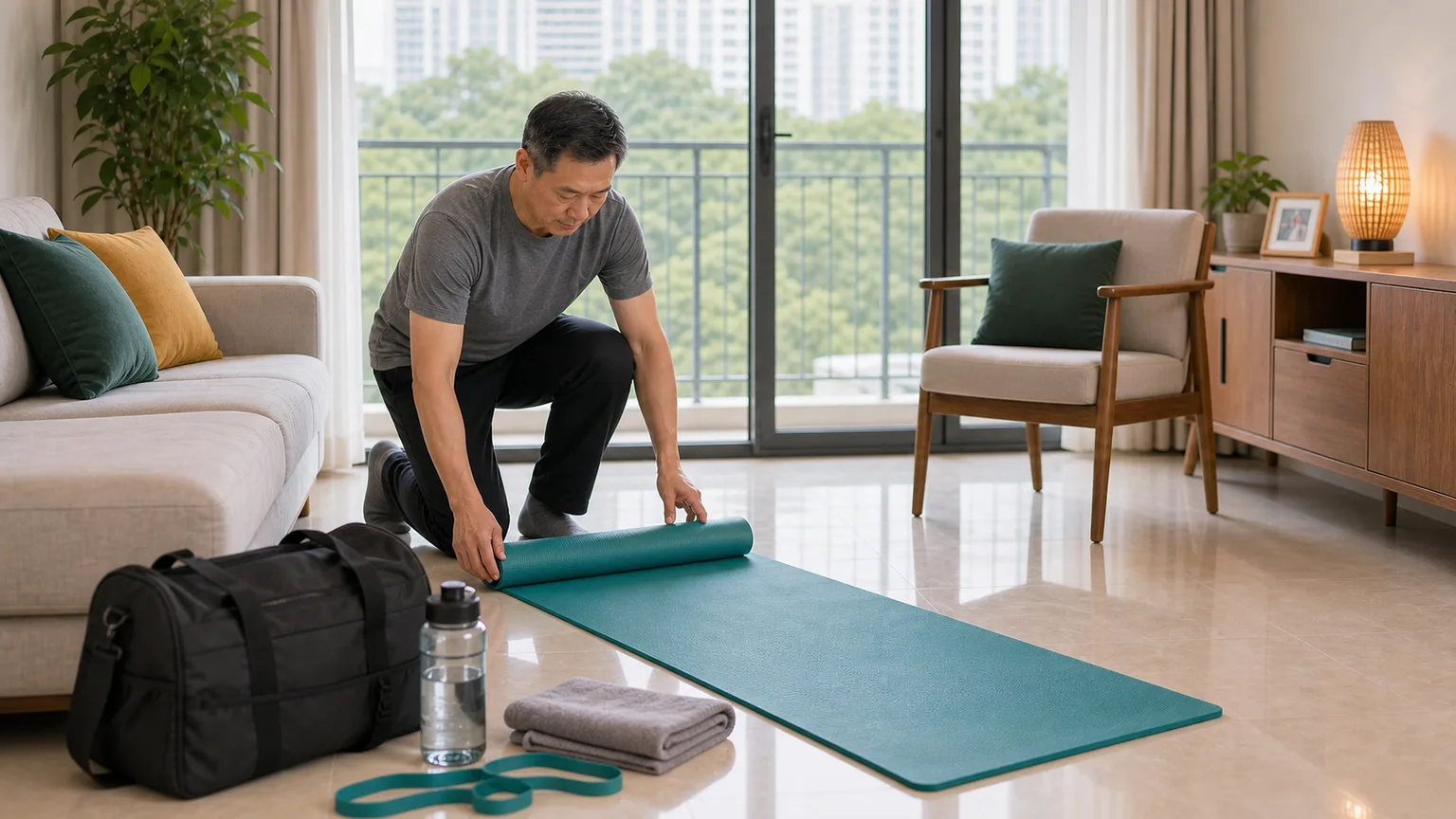 Living room prepared for a home physiotherapy session
