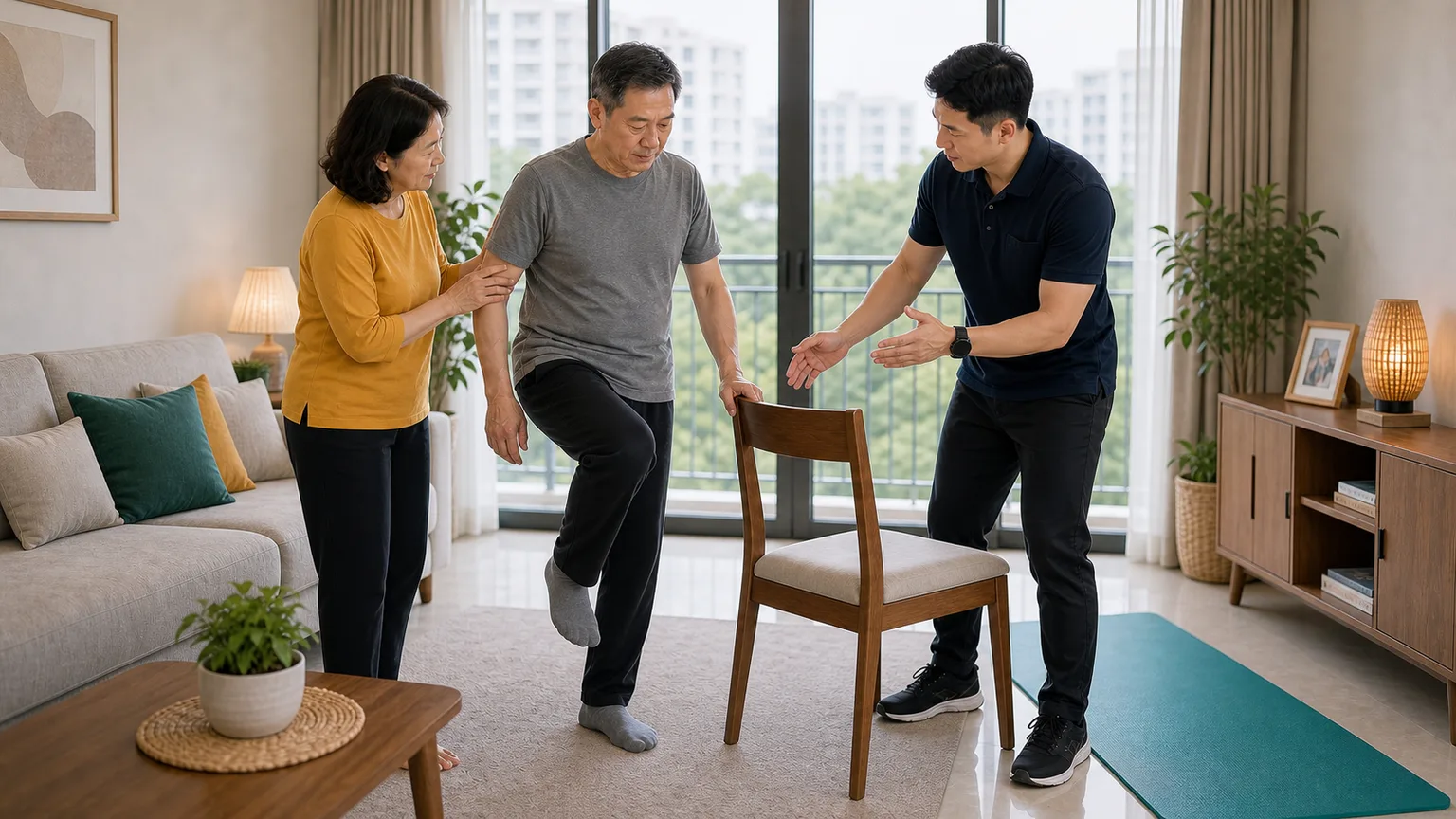 Senior practicing balance exercises beside a sturdy chair