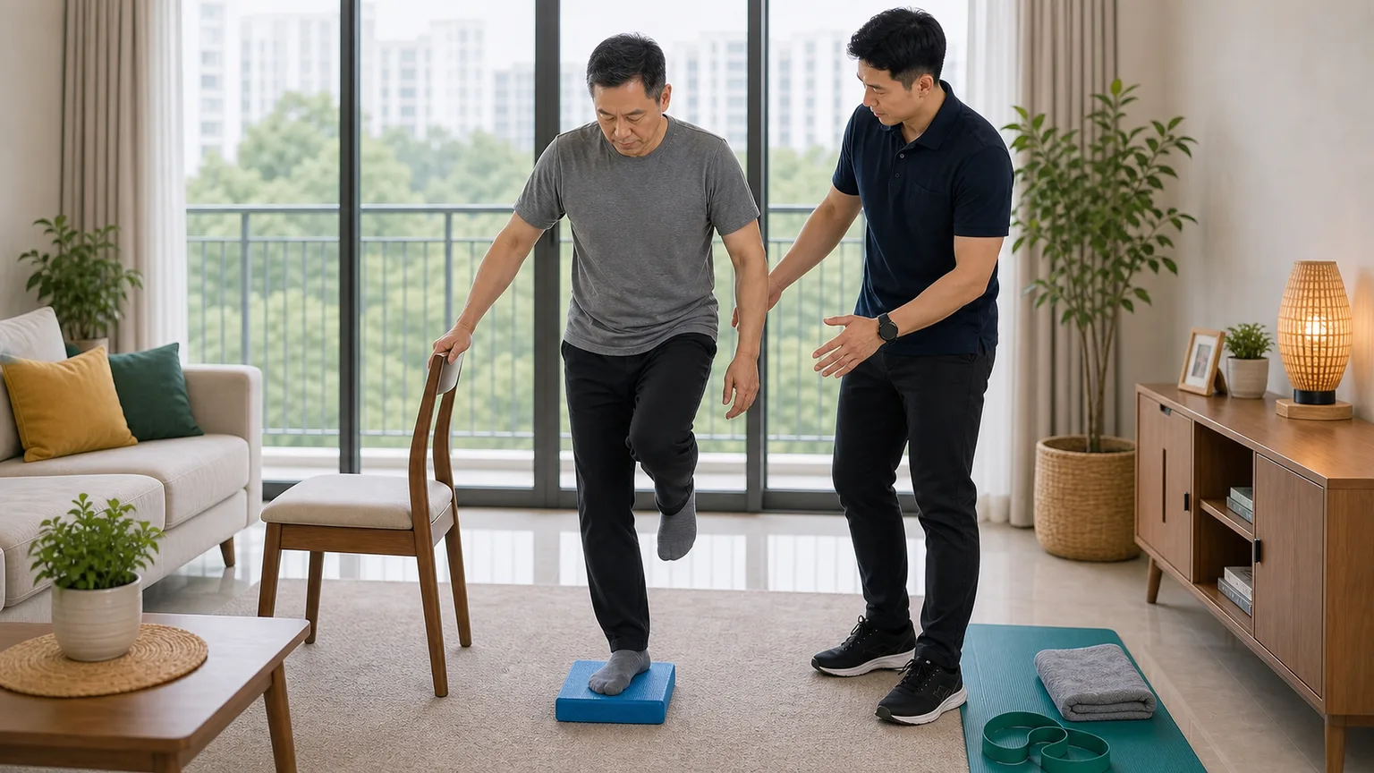 Ankle sprain balance exercise supervised by a home physiotherapist