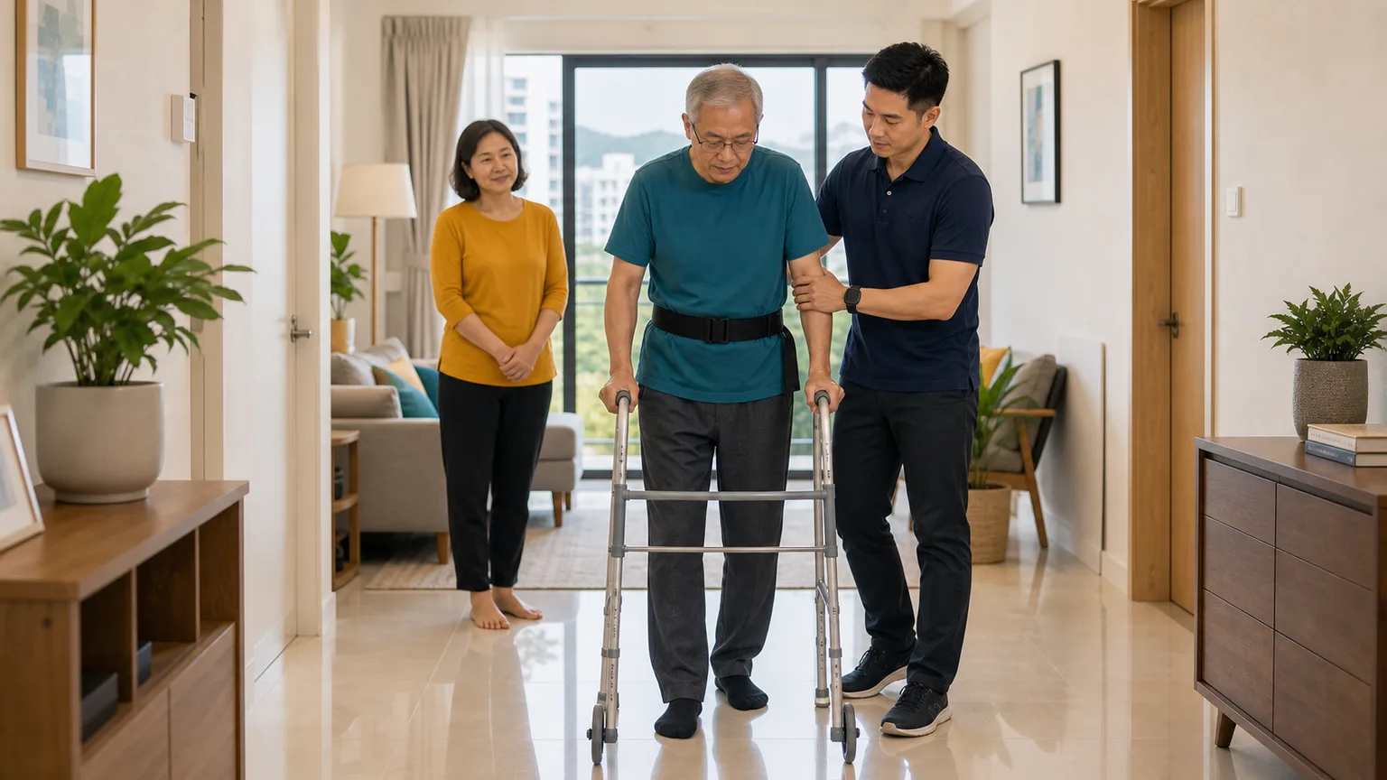 Post-surgery walking practice at home with a physiotherapist