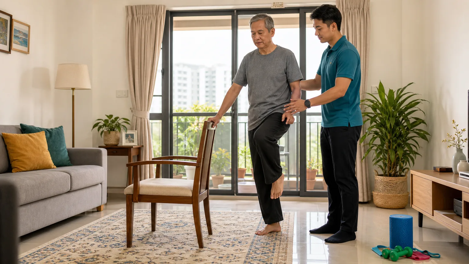 Senior balance training during a home physiotherapy session