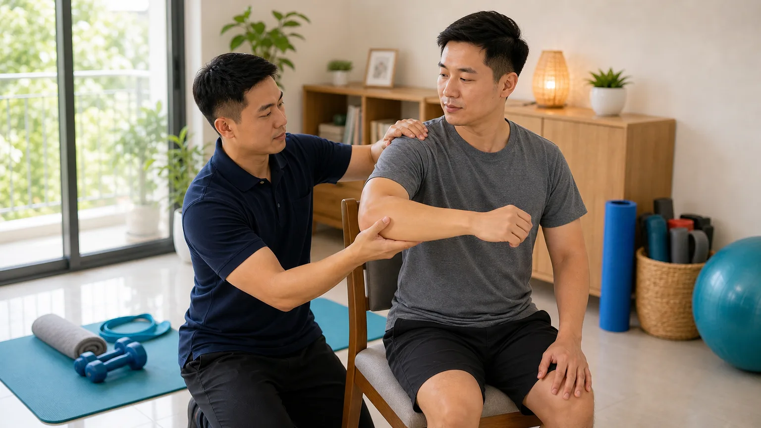 Manual therapy for shoulder mobility during a home physiotherapy session