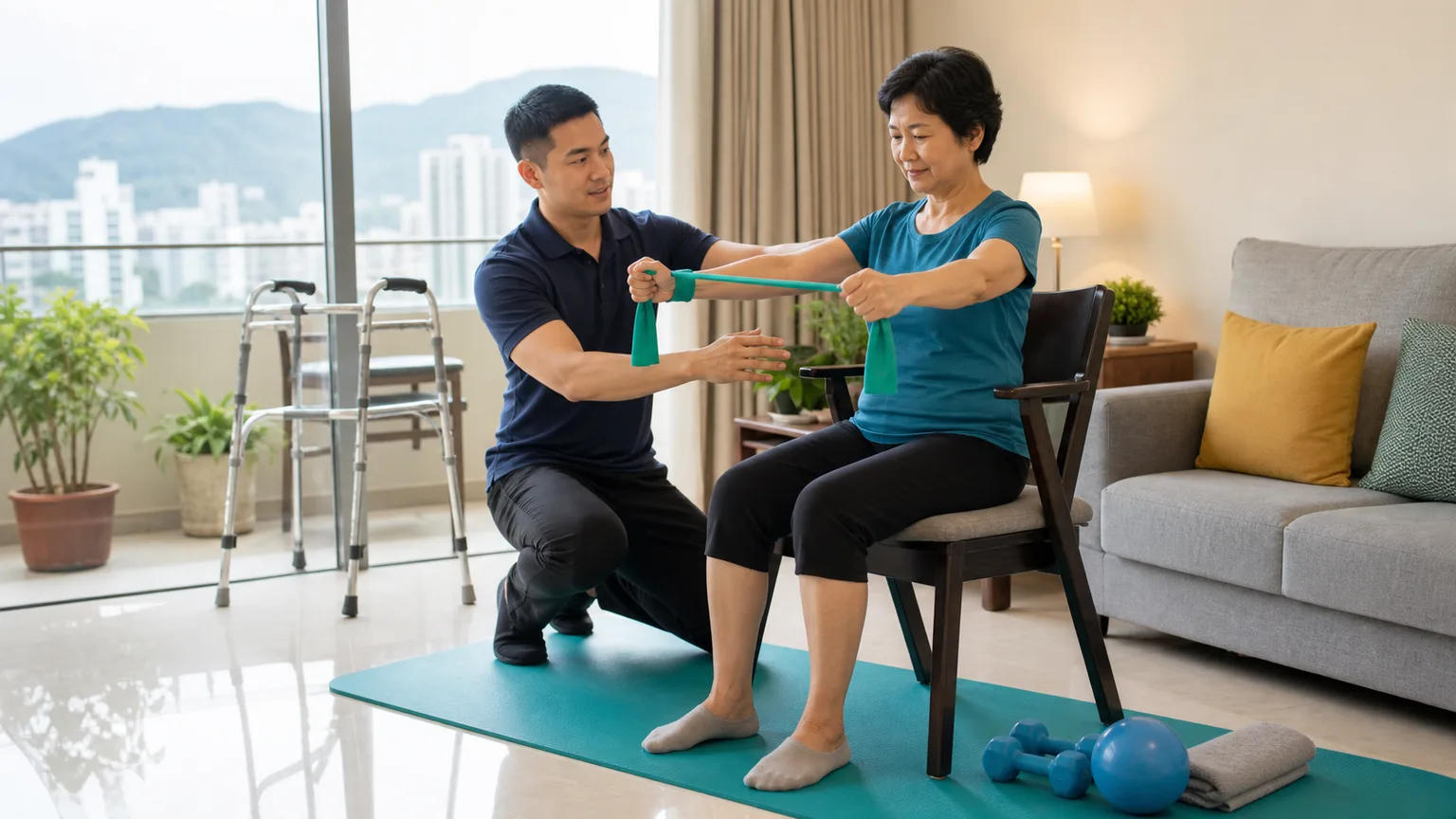 Therapeutic exercise with resistance band during home physiotherapy